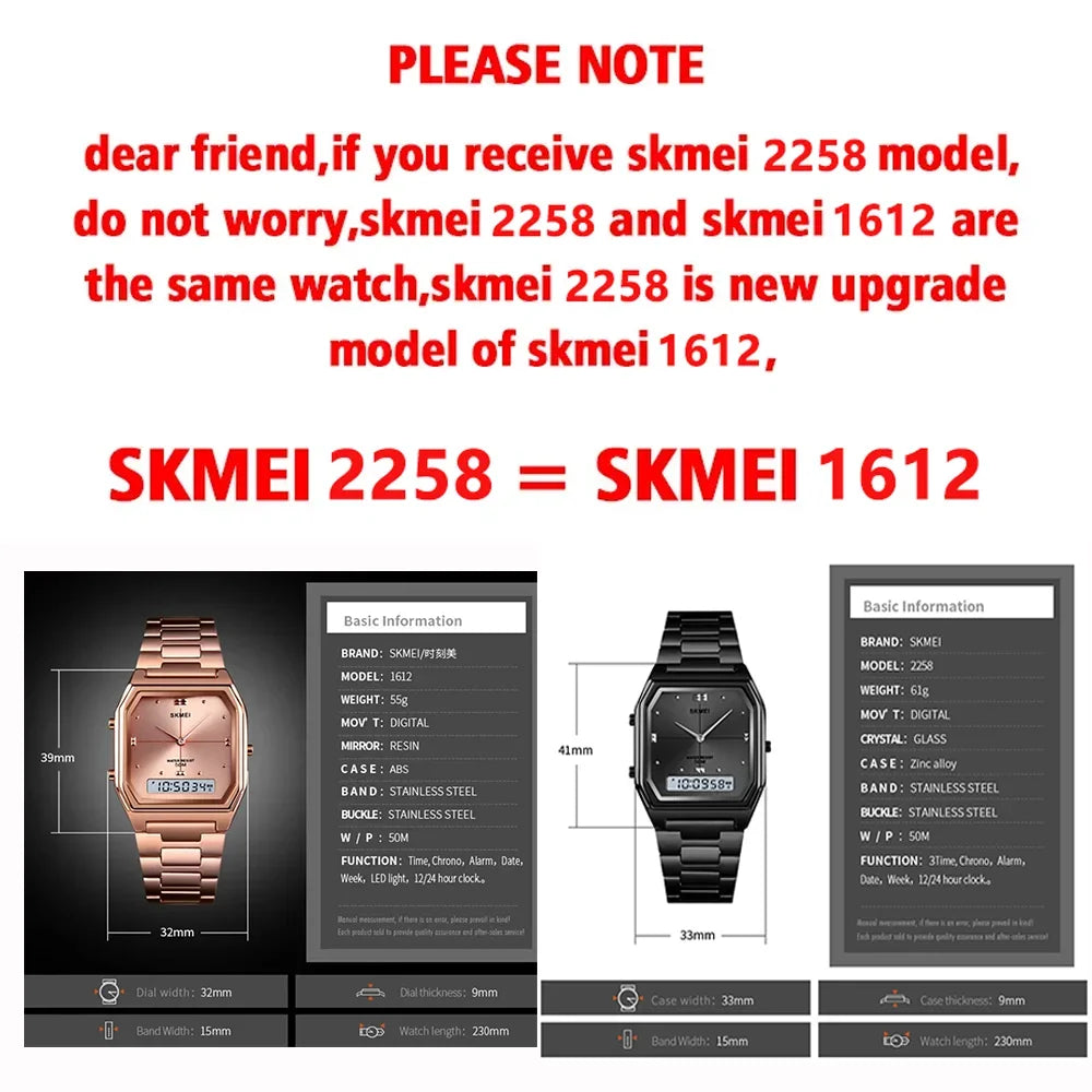 SKMEI 1612 Luxury Watch for Women Men Square Steel Waterproof Digital Girl Wristwatches Double Display Sport Leisure Clock 2258