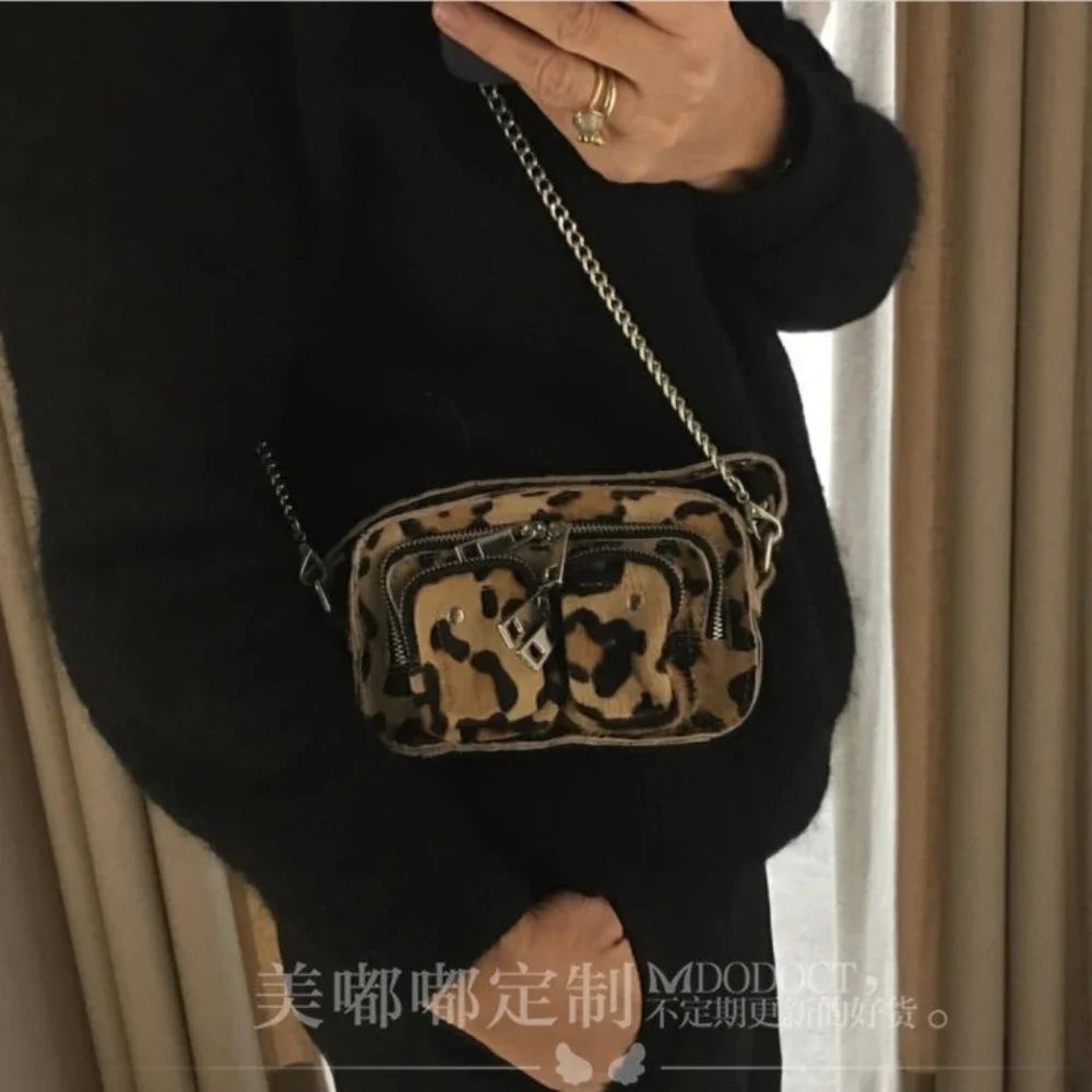 Lux Trendy Vintage Fashion Style Leopard Texture Print Shoulder Bag for Women Hip Hop Street Style Cross-body Bad Female