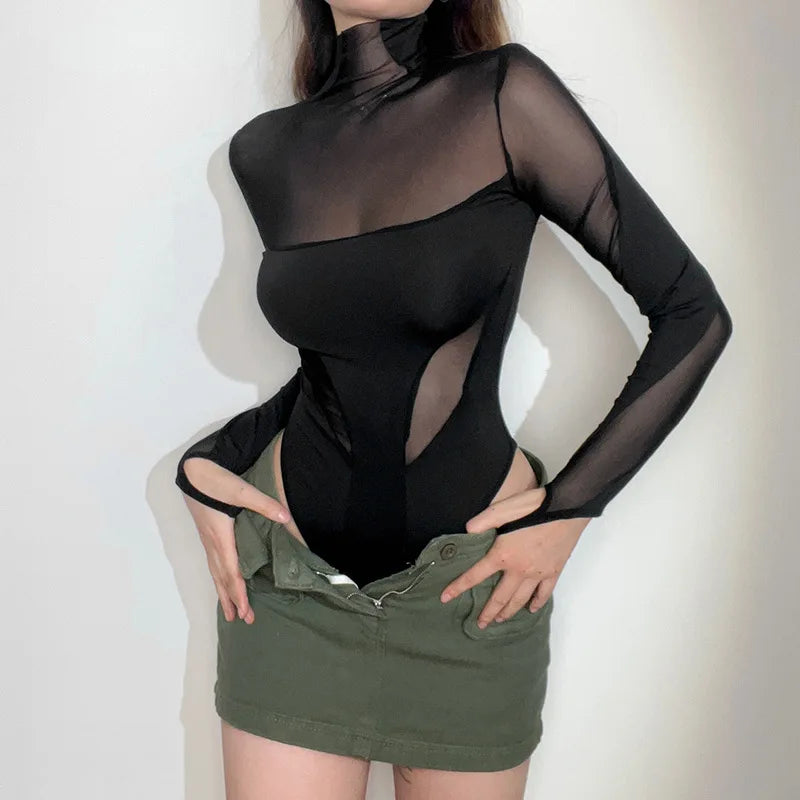 Sexy Wild Women Bodysuit Long Sleeve See Through Skinny Mesh Patchwork Vacation Party Club Streetwear Bodycon Tops