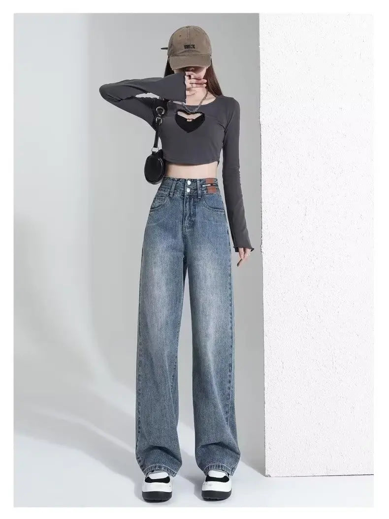 Vintage High-waisted Slimming Jeans Women's Straight-leg Pants Hong Kong Style Bell Bottoms Trendy Gradient Pants For Women