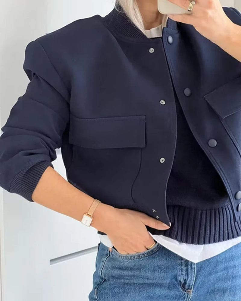 Autumn Winter Button Baseball Aviator Cropped Jackets for Women Bomber Jacket Coat Solid Black White Long Sleeve Crop Outerwear