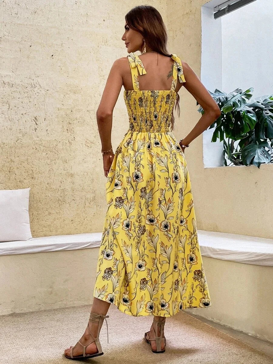 Floral Long Dress Women Fashion Backless Sleeveless Bandage Beach Sundress Casual Green Summer Ladies New In Dresses 2023