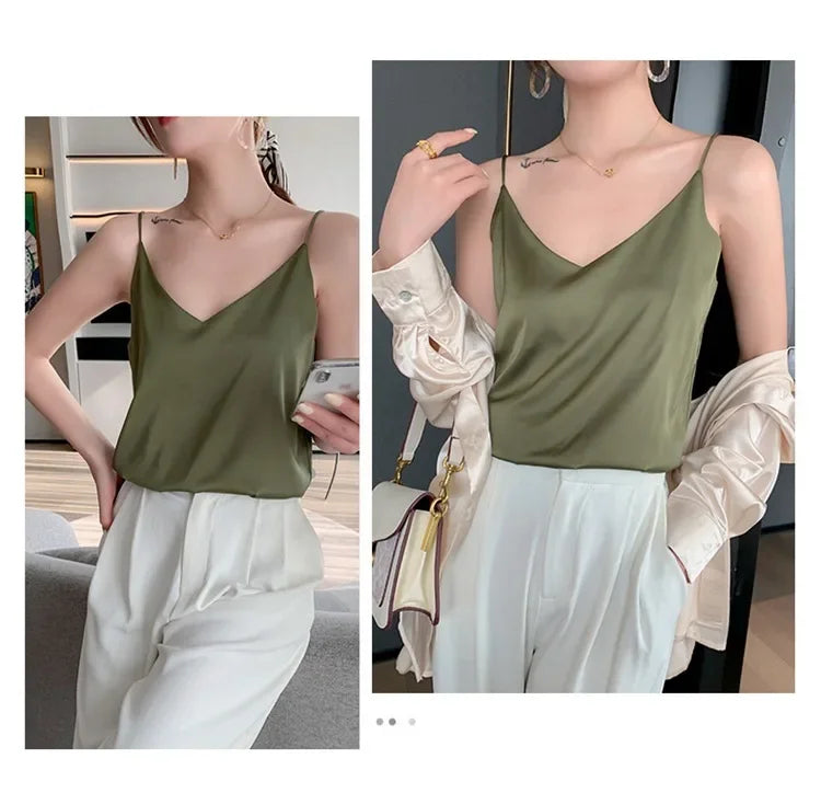 100 silk real silk 2023 summer women's clothing new slim v-neck short temperament inner top one-shoulder camisole