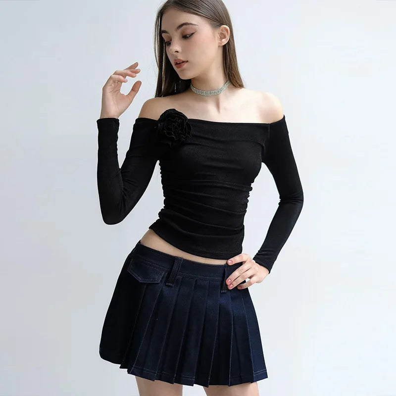 Dulzura Mesh Patchwork Women Long Sleeve Crop T Shirt Ruched Off Shoulder Bodycon Sexy Elegant Streetwear 2024 Spring Summer