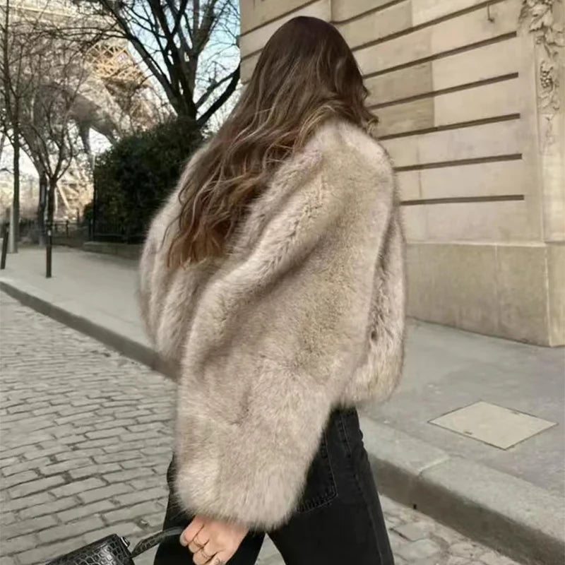 Chic Street Blogger Fashion Girls 2024 Winter Trendy Faux Raccoon Fox Fur Coat Jacket Women Thick Warm Cropped Fluffy Overcoats