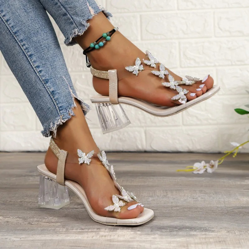 Transparent Square Heel Sandals for Woman Luxury Flash Drill Summer High Heels Fashion Women's Shoes Low Heels Sandalias Size 43