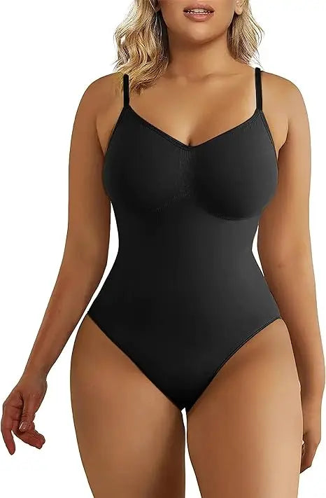 Black Thong V-Neck Spaghetti Strap Bodysuit – Slimming Open-Crotch Shapewear for Women
