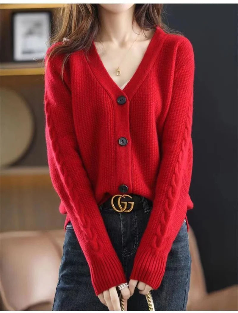 NewFall Fashion V Neck Women Knitted Sweater Cardigan Long Sleeve Soft Slim Sweater Outwear Femlae Solid Casual Knitted Sweater