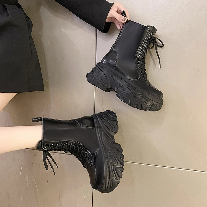 Punk Super High Platform Boots Women Chunky Heels Lace Up Motorcycle Boots Woman Black White Thick Bottom Ankle Booties Female