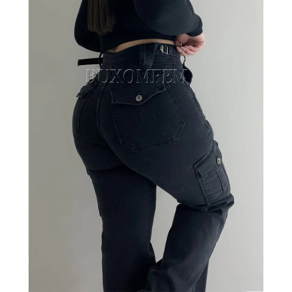 2024 Multi-Pocket Cargo Jeans Women's Wide Leg Pants Unique New High Waist Trousers Y2k Streetwear Bagger Pants for Large Sizes