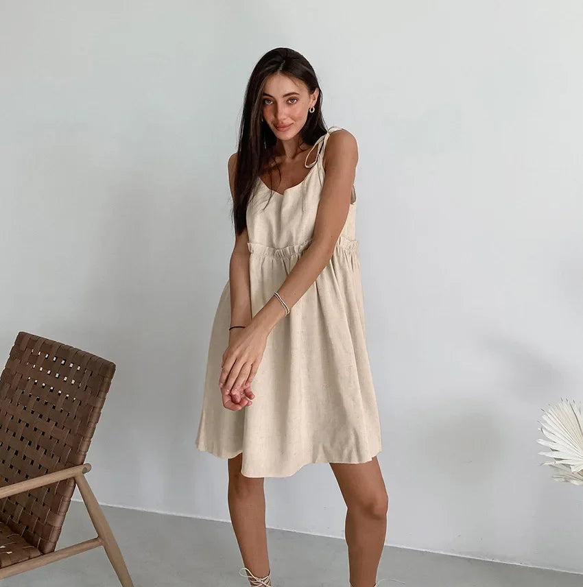 Simple Cotton Backless Suspender Dress Spring and Summer Beach Style Women's Loose Soft Ruffled Edge A-line Suspender Dress