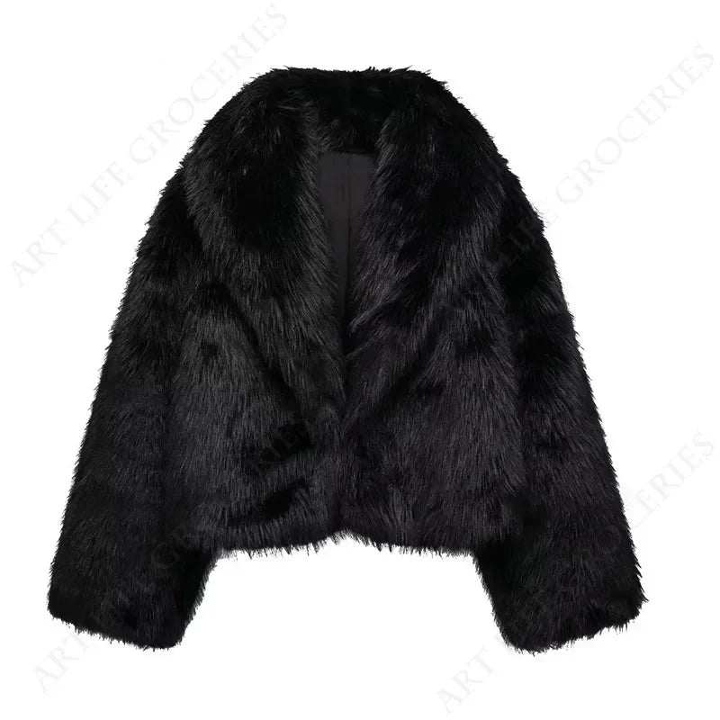 Black Fluffy Faux Fur Jackets Women Loose Furry Turn Down Collar Long Sleeve Coats Female Winter Vintage Warm Lady Overcoat