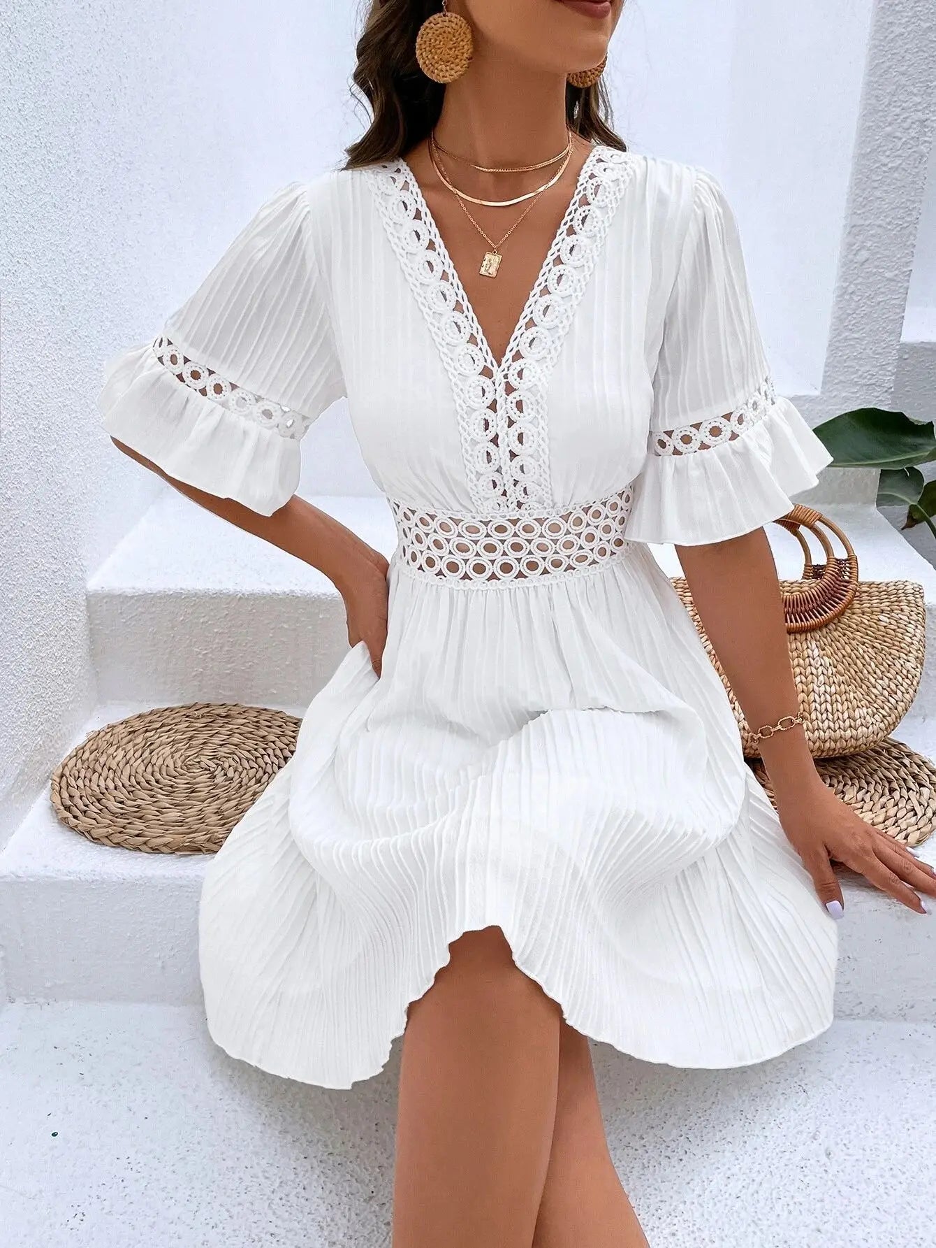 Elegant Women's Midi Dress 2024 Summer New Spliced Lace Fashion V-neck Waistband Solid White Dress Vacation