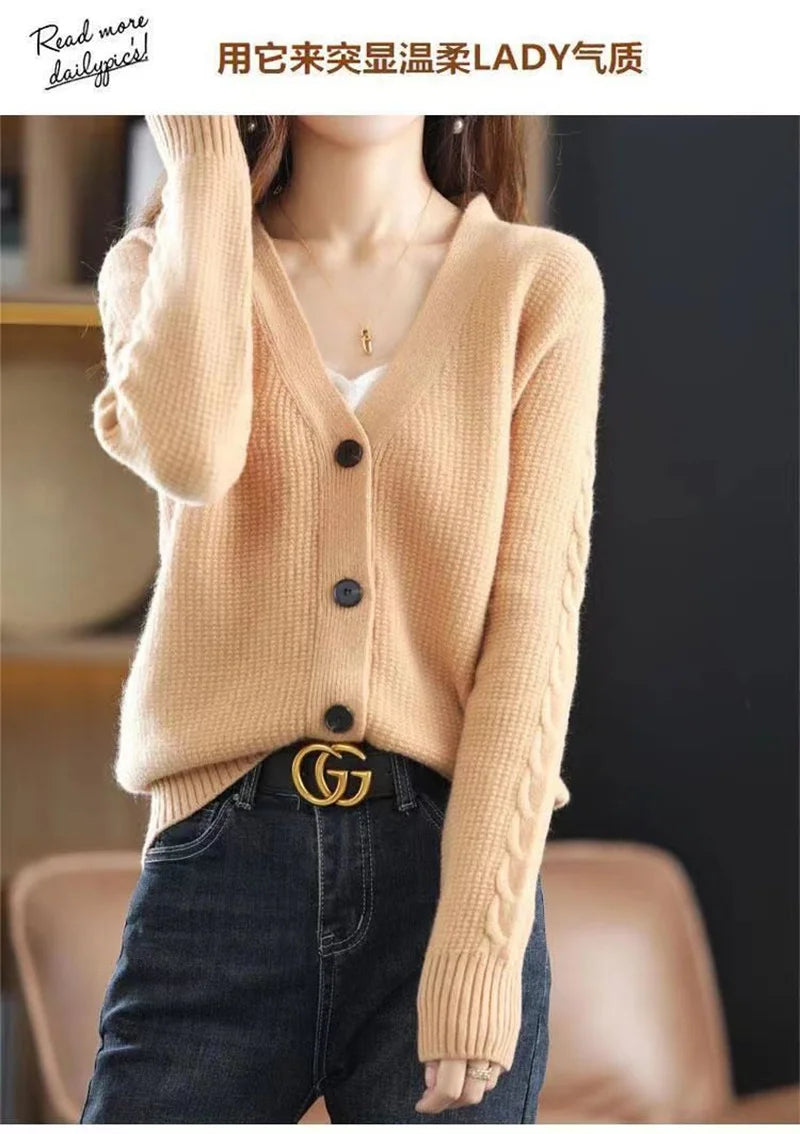 NewFall Fashion V Neck Women Knitted Sweater Cardigan Long Sleeve Soft Slim Sweater Outwear Femlae Solid Casual Knitted Sweater