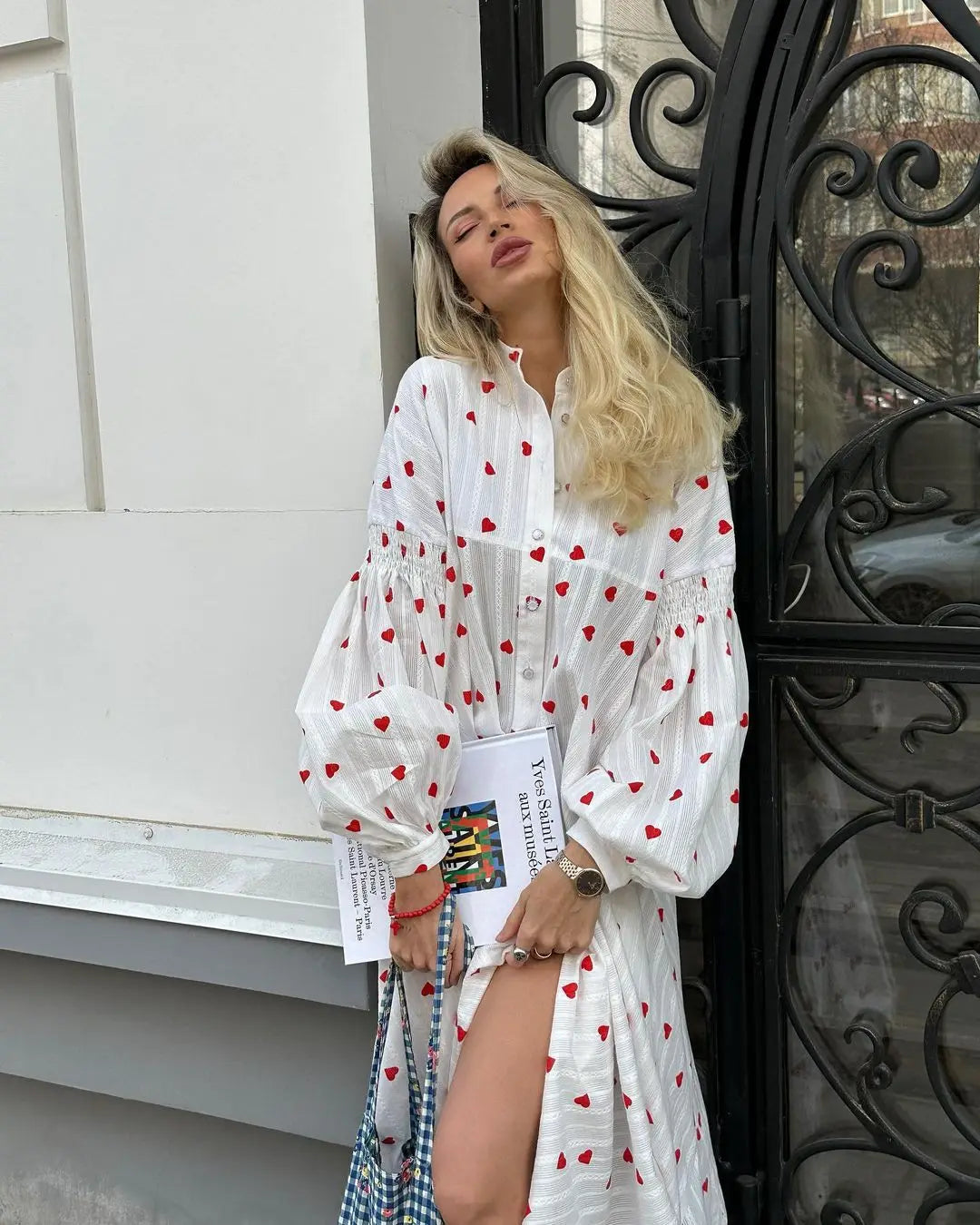 Sumuyoo Jacquard Heart Print Long Sleeve Dress Women Fashion Loose Vestidos Vintage Female A-line 100% Cotton Summer Dress