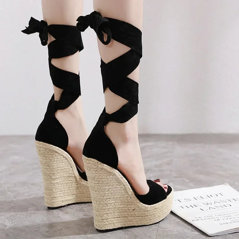 Ladies Sandals Women Shoes Cloth Solid Color Slope Heel Round Shape Thick Bottom Increase  Roman  Platform