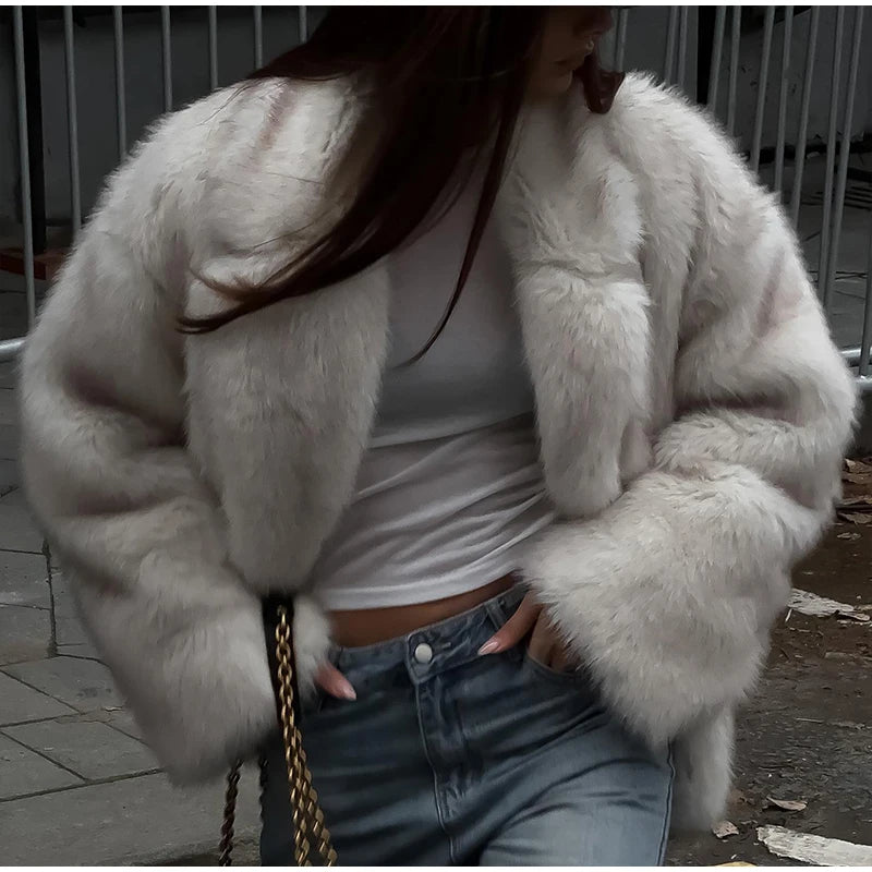 Solid Fluffy Faux Fur Women Thick Coats Fashion Warm Lapel Long Sleeve Short Jackets Autumn Winter Ladies High Street Outerwear