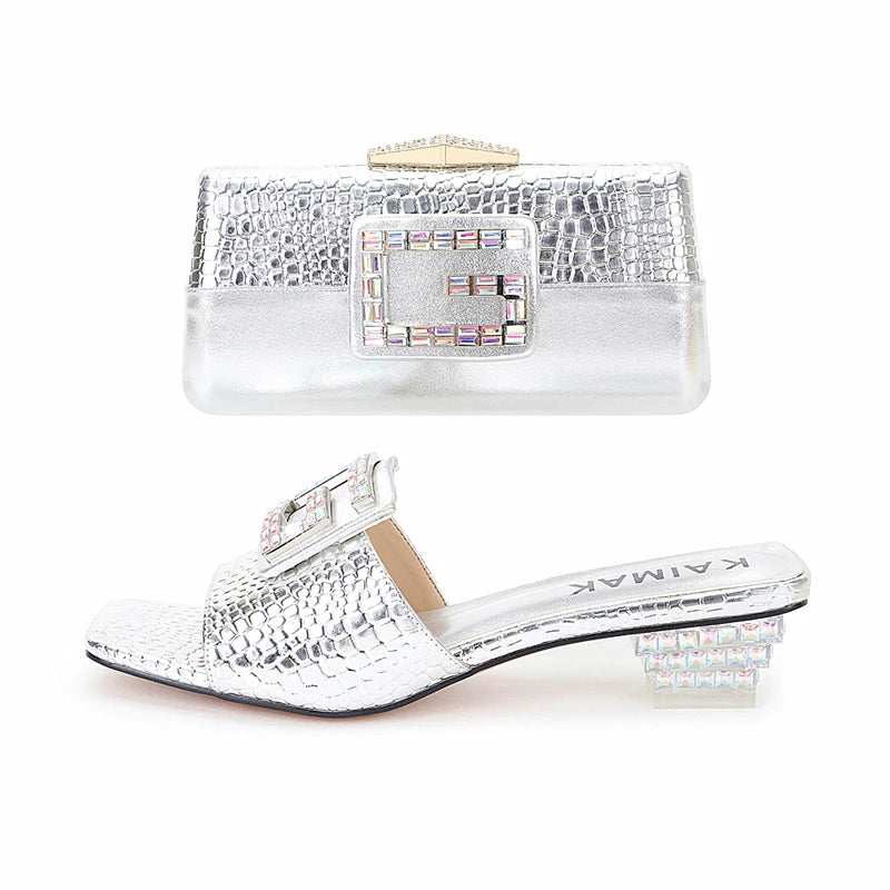 Latest Crystal Thick Heel Stone Pattern plus size Slippers Size 35-45 Diamond Clutch Dinner Women's Shoes and Bag suit