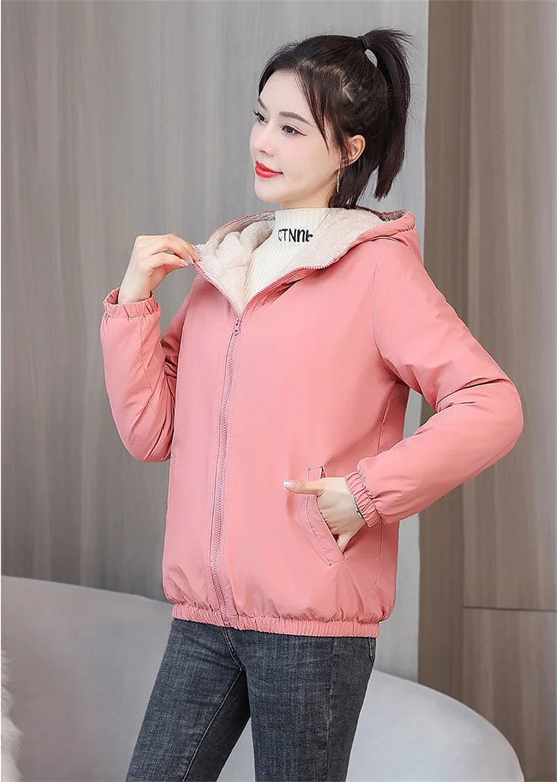 Add Velvet Padded Coat Women 2024 Winter Hooded Outerwear Ladies Warm Cotton-Padded Jacket New Fashion Overcoat Short Female Top