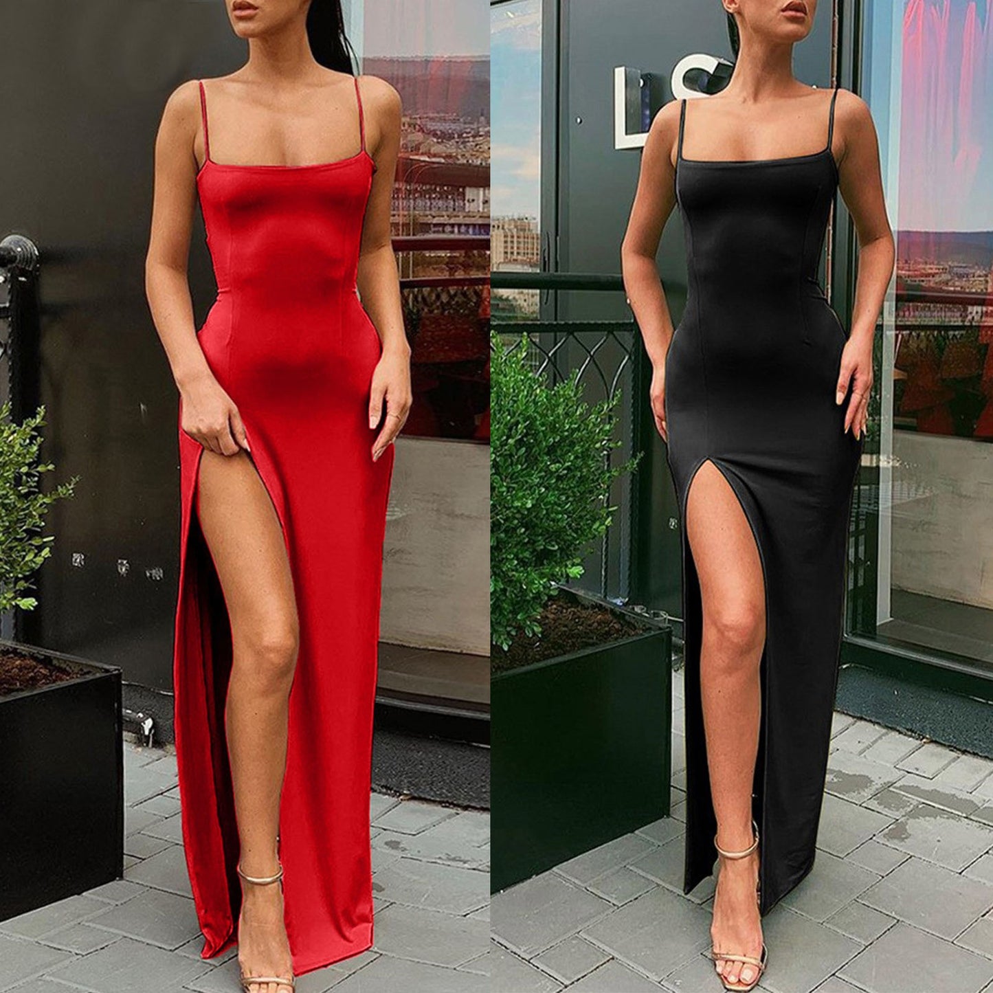 Dresses For Women 2024 Red Black New Year Christmas Party Long Dresses Women Side Slit Bodycon Lace Up Stretch Slim Dresses