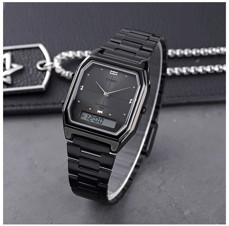 SKMEI 1612 Luxury Watch for Women Men Square Steel Waterproof Digital Girl Wristwatches Double Display Sport Leisure Clock 2258