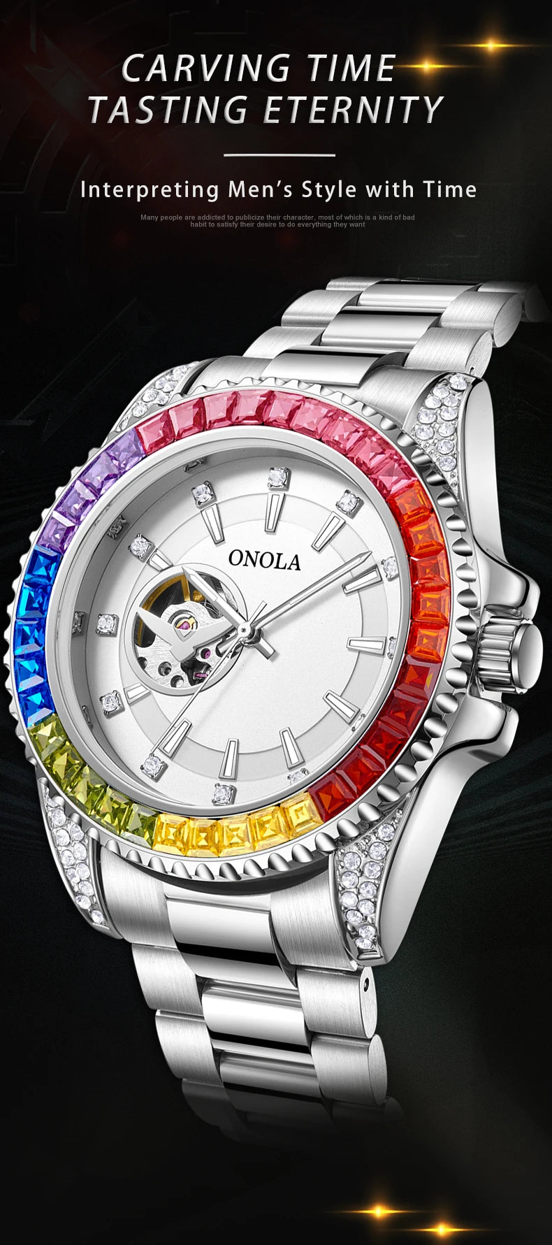 Fashion Colored Diamond Hollowed Out Watch for Men ONOLA Fully Automatic Mechanical Precision Strap for Men's Watch Clock