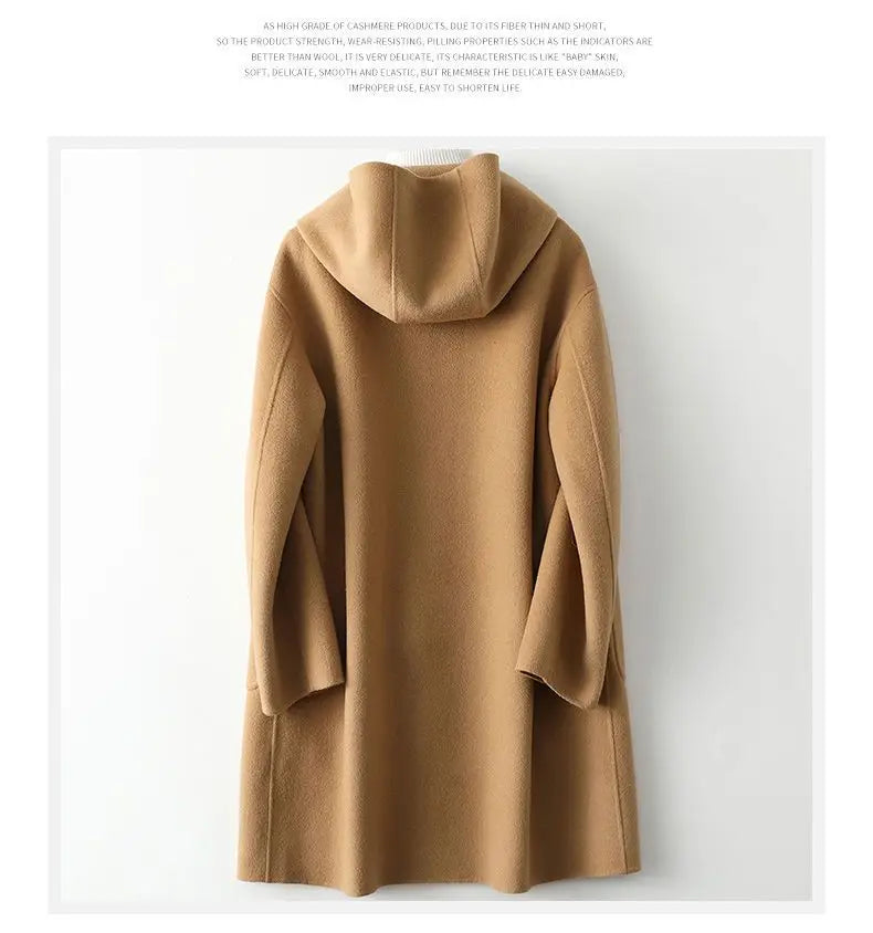 New Fashion Hooded Double-sided Cashmere Coat Women Autumn Winter Double-sided Woolen Windbreakers Temperament Slim Wool Coats