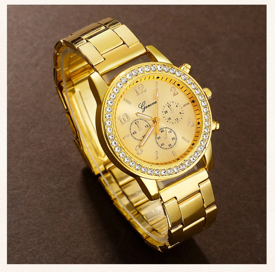 6PCS Set Golden Luxury Watch Women Ring Necklace Earring Rhinestone Fashion Wristwatch Casual Ladies Bracelet Watches