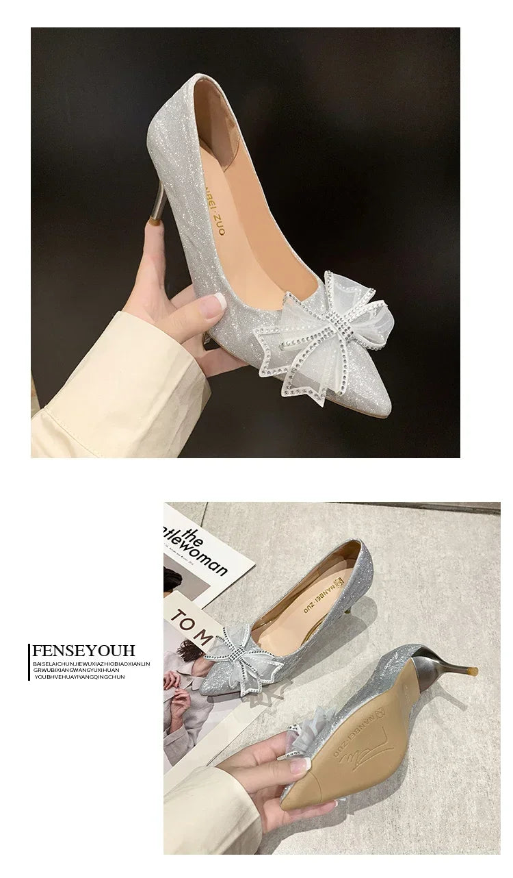 Women's Pumps Cinderella Shoe Rhinestone High Heels Women Pointed Toe Bow-knot Shoe Crystal Party Wedding Shoes Zapatillas Mujer