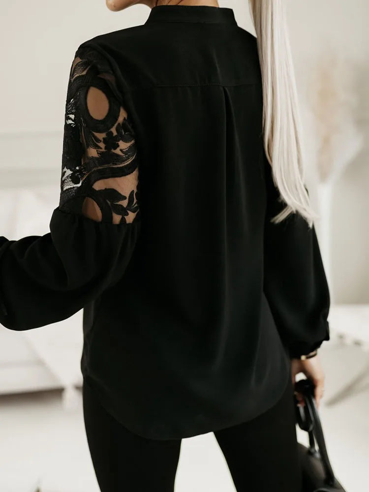 Autumn Women's White Blouses Winter Elegant New Lace Patchwork Hollow Out Black Shirt Women Streetwear Tops Female Clothing 2024