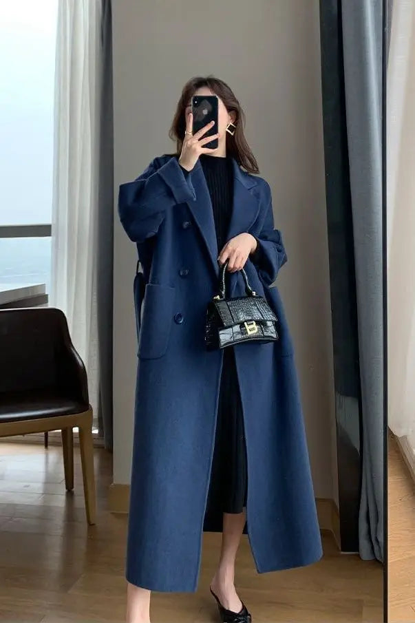 Winter Trench Coat For Women Elegant Fashion Korean Casual Wool Coat Navy Blue Lace-up Long Jacket  Black Woman Coat With Blet