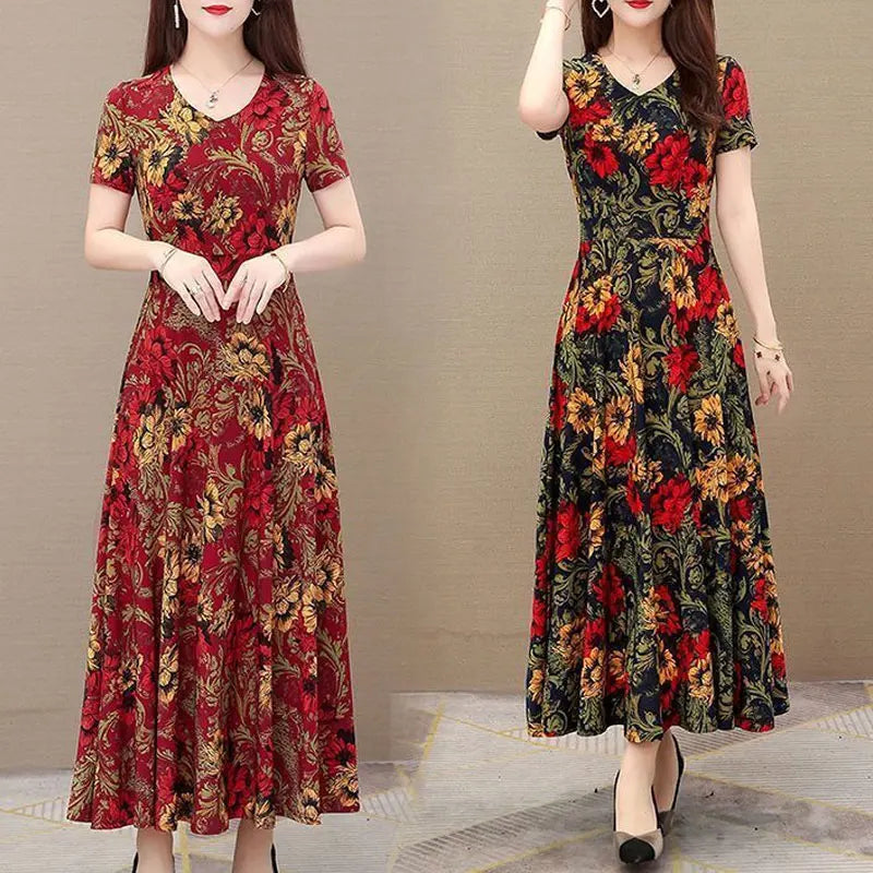 Office Lady Geometric Vintage Floral Printed Midi Dress 2023 Summer A-Line Stylish Spliced Women's Clothing Casual Loose Dresses