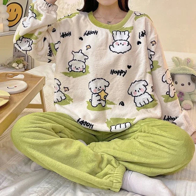 Winter Cute Duck Flannel Pajamas Set for Women Kawaiii Pattern Teddy Sleepwear for Girl Fashion Pullover Velvet Woman's Pijamas