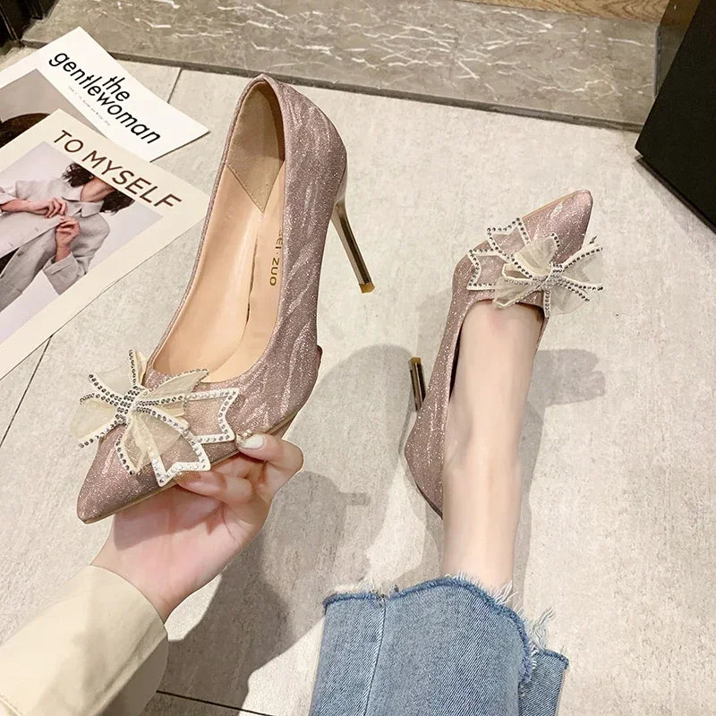 Women's Pumps Cinderella Shoe Rhinestone High Heels Women Pointed Toe Bow-knot Shoe Crystal Party Wedding Shoes Zapatillas Mujer