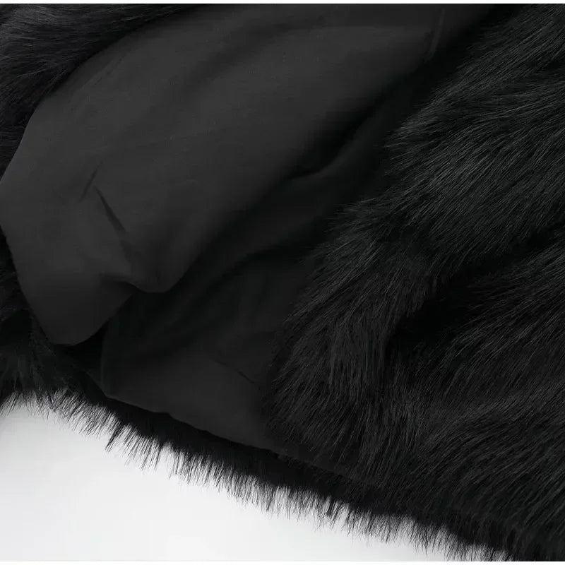 Black Fluffy Faux Fur Jackets Women Loose Furry Turn Down Collar Long Sleeve Coats Female Winter Vintage Warm Lady Overcoat