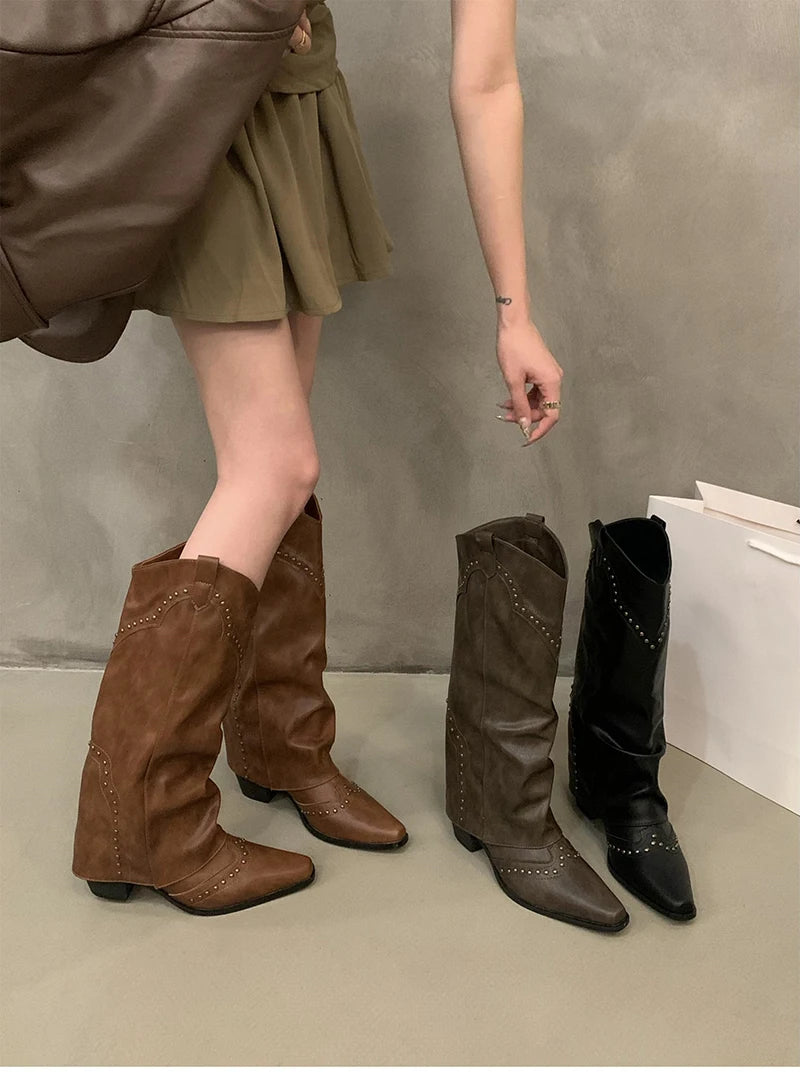 Autumn Winter Women Knee-High Boots Retro Style Western Knight Booties Pointed Toe Square Heels Female Shoes