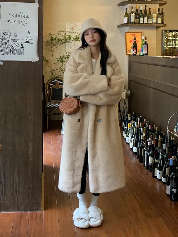 Thicken Warm Long Faux Fur Jackets Loose Warm Imitate Mink Coats Korean Winter Furry Padding Outerwear Women Luxury Overcoat