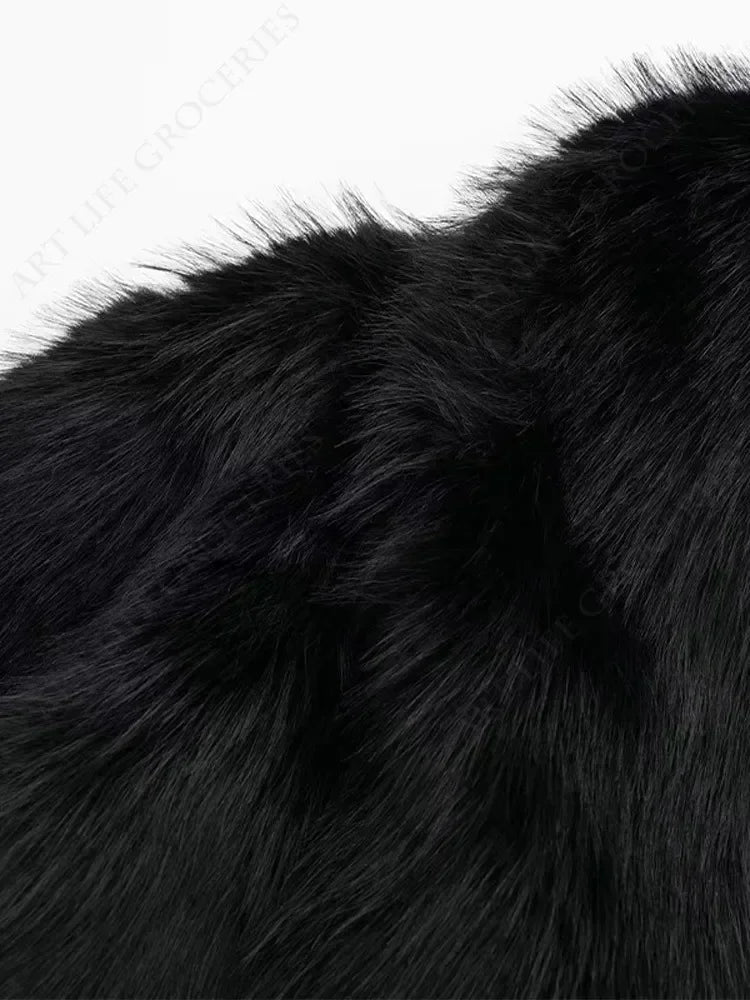 Black Fluffy Faux Fur Jackets Women Loose Furry Turn Down Collar Long Sleeve Coats Female Winter Vintage Warm Lady Overcoat