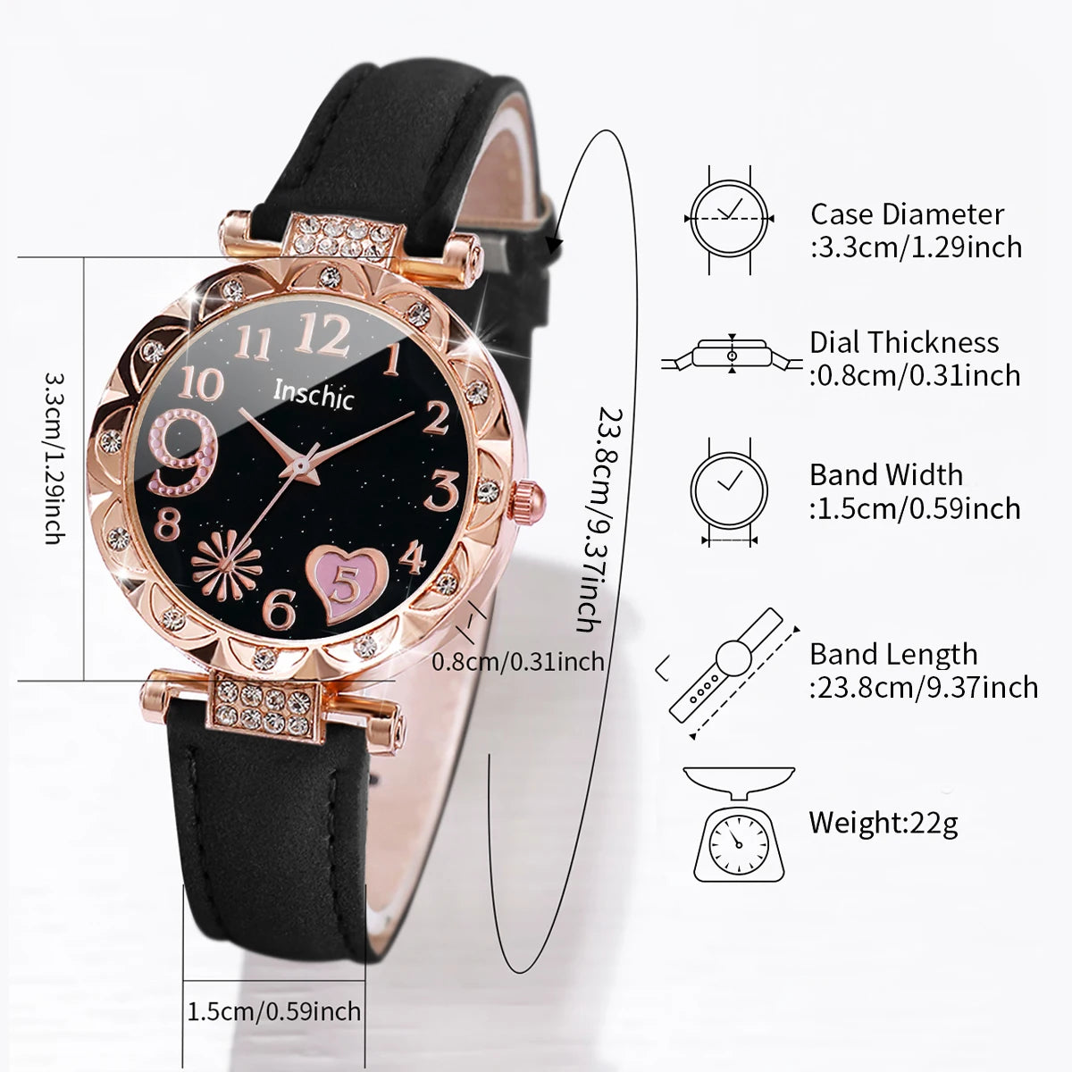 6PCS/Set Women's Watches Fashion Rhinestone Heart Dial Leather Band Quartz Watch Leaf Bracelets Set(Without Box)