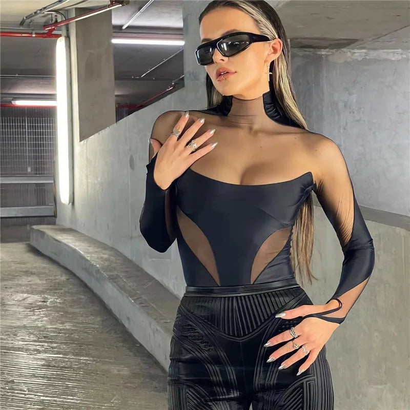 Sexy Wild Women Bodysuit Long Sleeve See Through Skinny Mesh Patchwork Vacation Party Club Streetwear Bodycon Tops