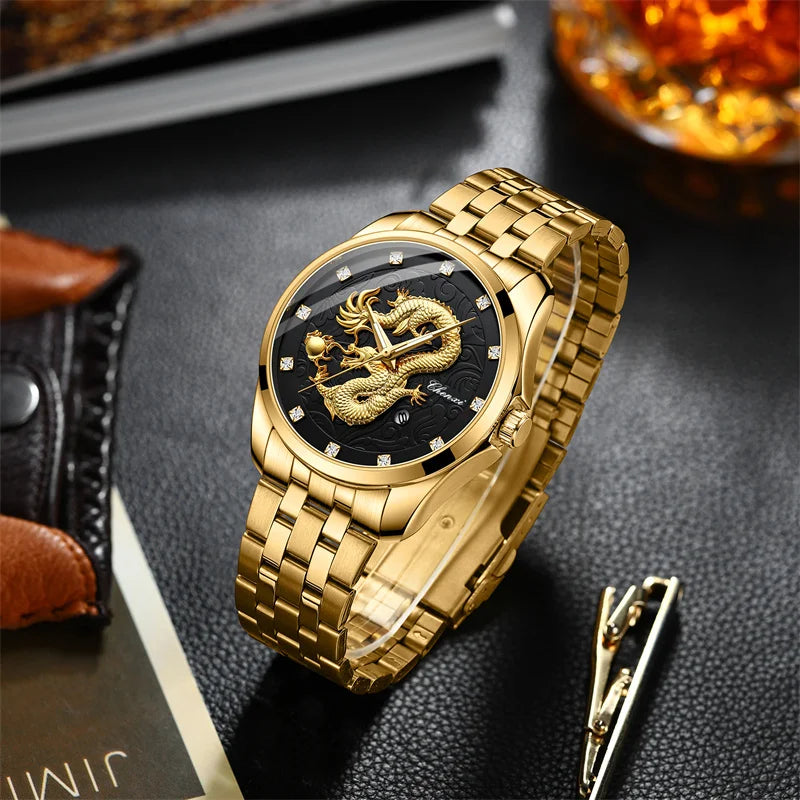 Chenxi 8220 Dragon Totem Embossed Calendar Waterproof Men's Chinese Style Wrist Watch Steel Band Business