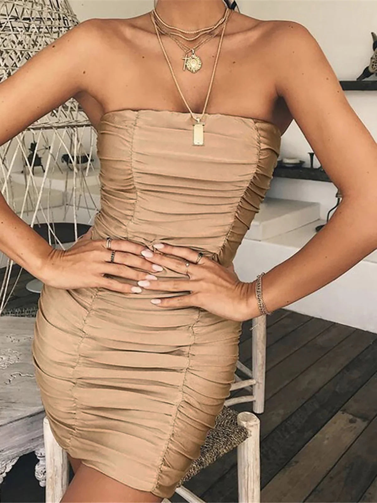 5 Colors New Bandeau Wrinkled Pleated Dress Short Club Ladies 2024 Summer Bodycon Dress Evening Party Tight Mini Dress D262