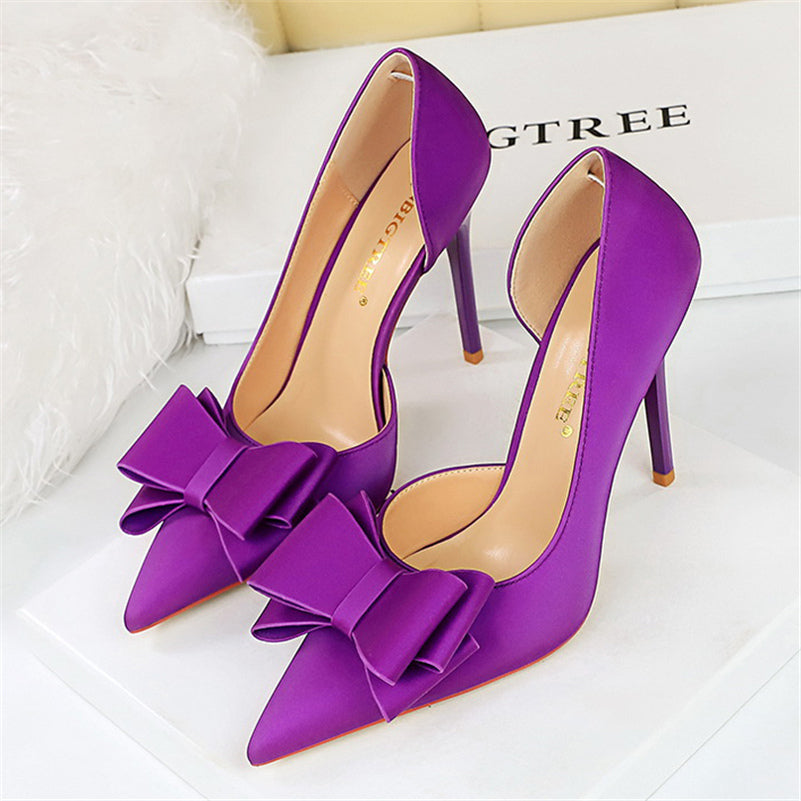 Women 10.5cm High Heels Silk Butterfly Knot Purple Green Pumps Lady Wedding Bridal Escarpin Blue Peach Evening Party Sweet Shoes