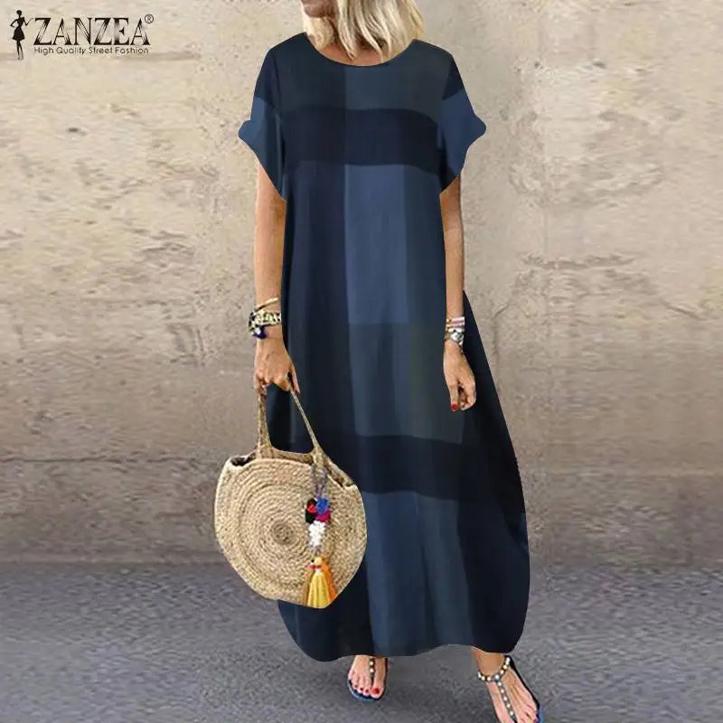 ZANZEA Bohemian Plaid Checked Sundress Summer Short Sleeve Long Dress Fashion Holiday Party Vestido Femme Casual Loose Robe 2023