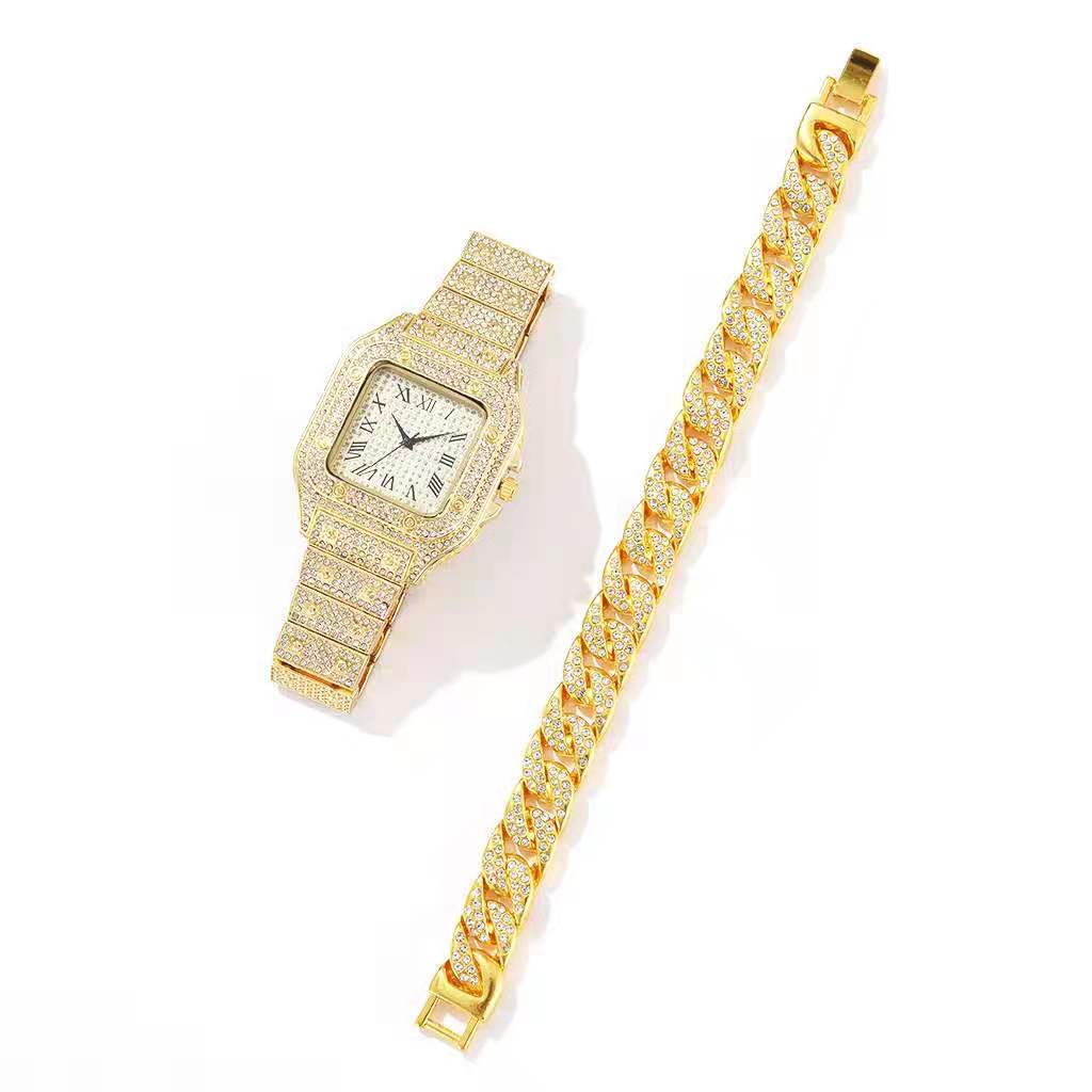 2pcs/set, Men's Large Dial Square Rhinestone Watch & Chain Bracelet