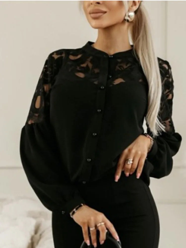 Autumn Women's White Blouses Winter Elegant New Lace Patchwork Hollow Out Black Shirt Women Streetwear Tops Female Clothing 2024