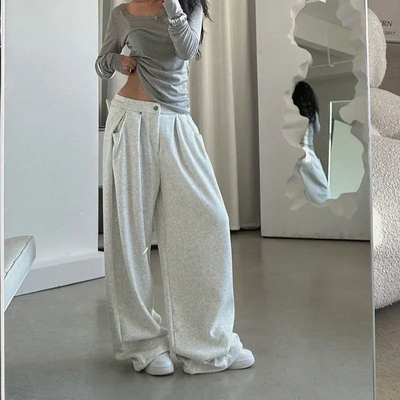 QWEEK Oversized Women Grey Sweatpants Y2k America Style Retro Baggy Pants Casual Sports Streetwear Hip Hop Trousers Joggers