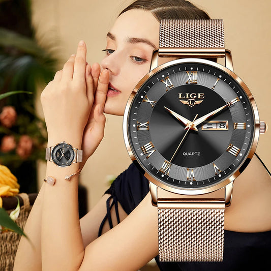 LIGE Fashion Elegant Quartz Women's Watch Bracelet Casual Business Clock Movement Simple Waterproof Mesh Belt Ladies Watches NEW