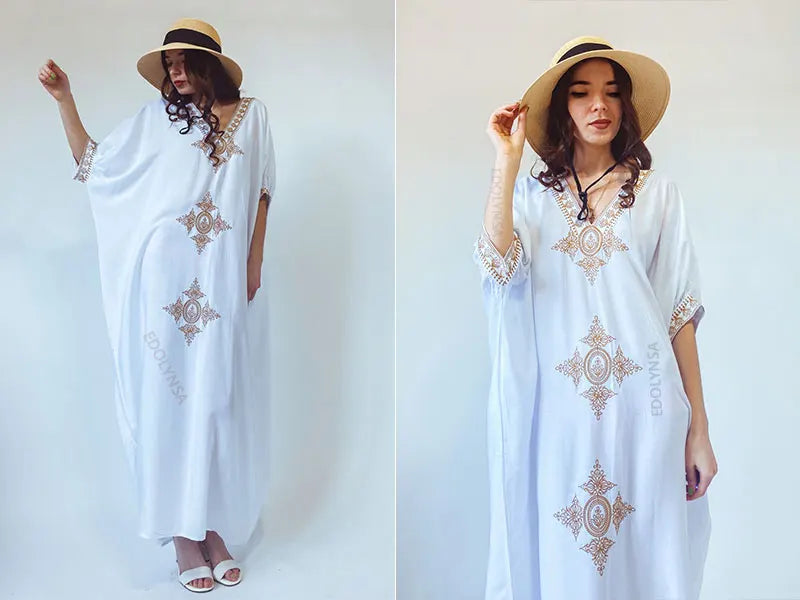 2023 Elegant Gold Embroidered Loose Kaftan House Robe Retro V-neck White Dress Women Summer Beach Wear Swim Maxi Dresses N1373