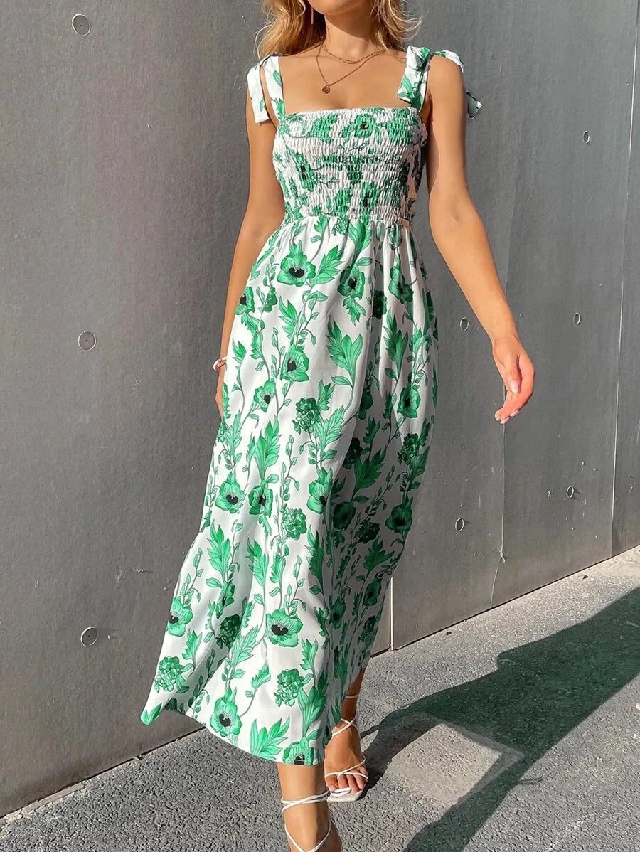 Floral Long Dress Women Fashion Backless Sleeveless Bandage Beach Sundress Casual Green Summer Ladies New In Dresses 2023